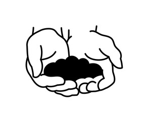 Soil in hand. Bunch soil and fertilizer. Vector line. Editable outline stroke.