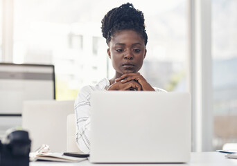 Business, woman and reading on a laptop with internet in africa for entrepreneurship for a company. Professional female, computer and focus for research for working online at a startup or office.