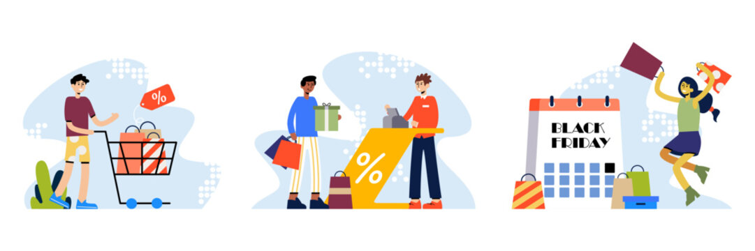Set of illustrations about black friday. Male and female vector characters are happy with discounts in stores. Happy shopping. Large purchases at reduced prices. Grand sale