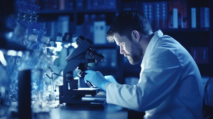 Science, development and microscope with a scientist at work in a laboratory for research or innovation.