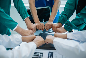 Team Doctors nurses union coordinate hands Teamwork Concept in hospital for success and trust in the teamwork..