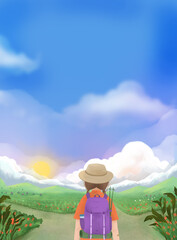 little brave girl with backpack going for hiking in nature illustration