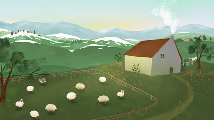 house and sheep in village at autumn, spring mountains illustration