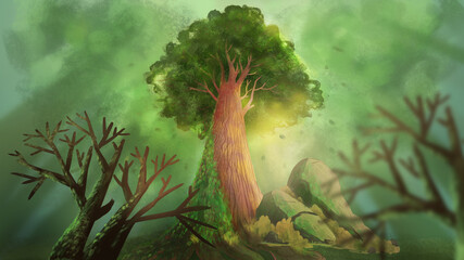 big old tree in the sunny forest illustration