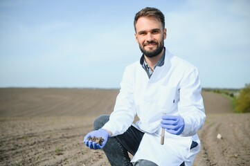 Agronomist studying samples of soil in field