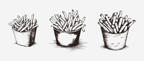 Vector engraved set french fries engraving potato hand drawn isolated illustration