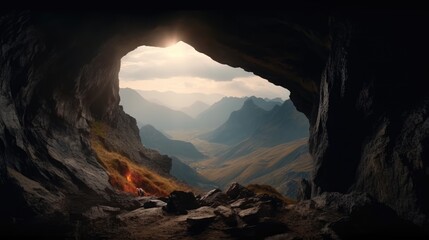  mountain view from inside the cave - obrazy, fototapety, plakaty