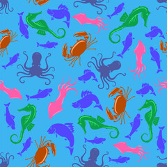 Vector Colored Seahorse, Crab, Octopus, Squid Icon. Fish design on Blue Background. Tropical Exotic Fish