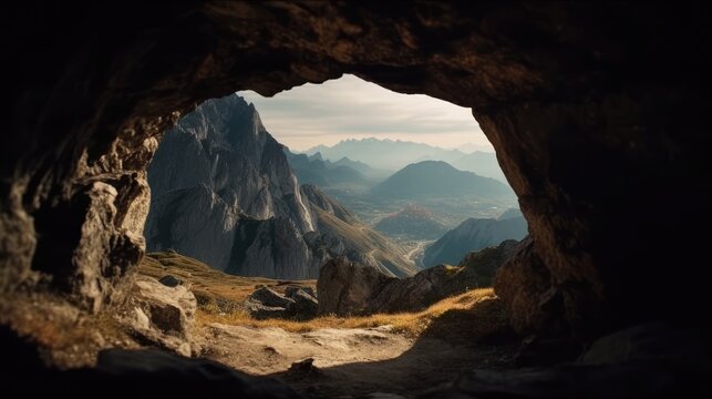 Panoramic mountain view from inside the cave