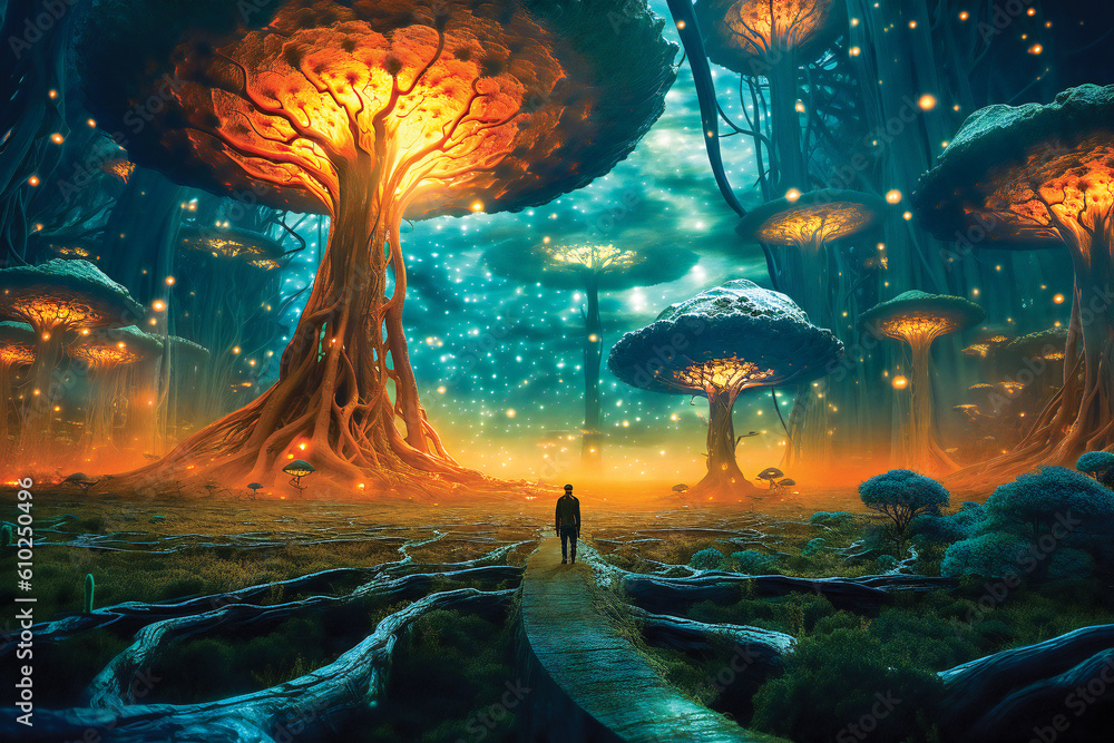 Poster fantasy alien planet landscape. created with generative ai technology.