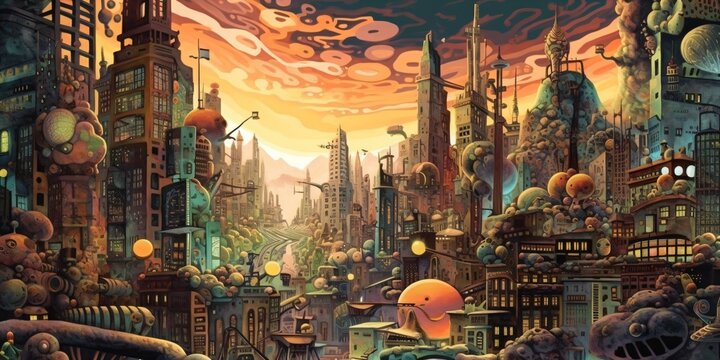 illustration of a surreal chaotic and fictional city,  crazy fantasy landscape, generative ai
