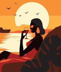 beach scene. Resort summer vacation. a young woman in a beautiful evening dress sits on the seashore holding a glass in her hands against the backdrop of a seascape and sunset, evening beach. Vector i