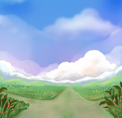 trail path  going to the cloudy mountains , spring illustration