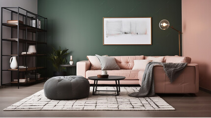 Combining Style and Comfort in a Modern Living Room with a Comfy Sofa and Trendy Carpet. Generative AI