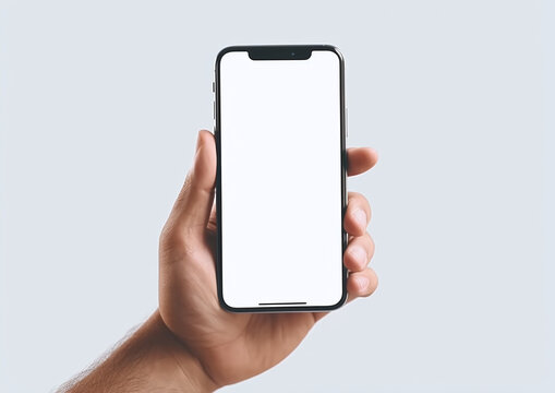 Man hand holding black smartphone isolated on white background, Realistic smartphone mockup. Frame with blank display isolated templates. Generative ai