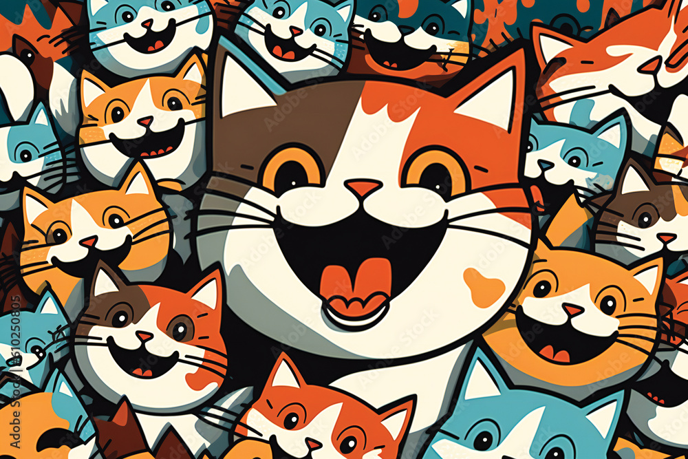 Poster cute playful kitten cartoon characters background. created with generative ai technology.