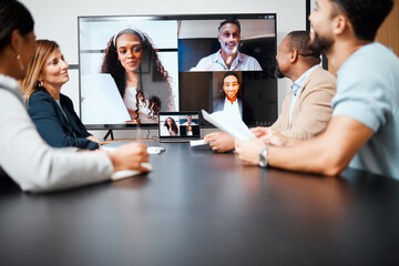 Diversity, video conference in business meeting and in boardroom with international clients at their workplace. Online communication, technology or connectivity and people on a virtual call planning