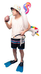 man equipped for the beach with swimsuit, hat, sunglasses, coconut drink, unicorn float and...