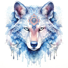 Stylish magic wolf head in watercolor. Created with Generative AI technology.