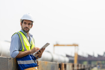 Fototapeta premium Portrait of handsome successful architect standing with arms crossed in building in construction process.