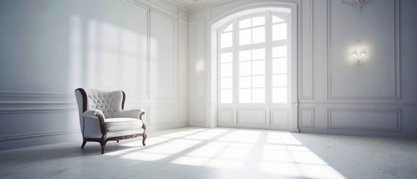 Interior empty white room with armchair. Copy space. Modern design stylish apartment. Generative AI