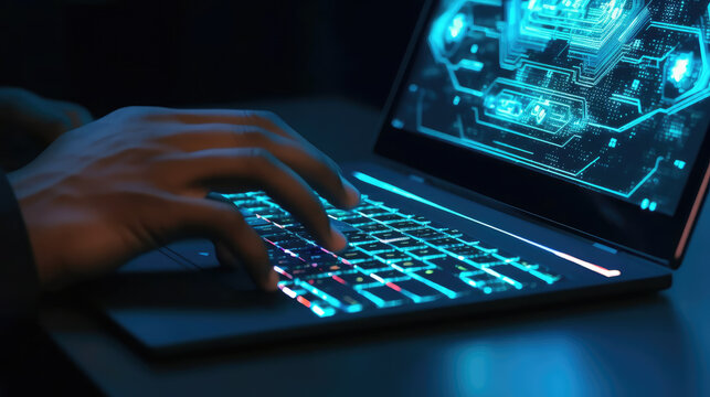 Generative ai illustration of Engineer programmer using laptop analyzing software coding