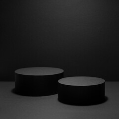 Abstract black stage with two round podiums in light beam with light spot mockup for presentation cosmetic products, goods, advertising, design, showing in beauty fashion style, square.