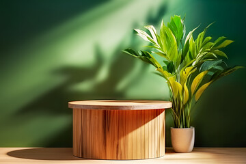 Empty round wooden table for presentationon on sustainable interior background with potted plant. Show case for natural products. Concept scene stage for new product and promotion sale. Generative ai