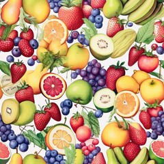 Fototapeta na wymiar Seamless hand drawn pattern of summer colorful fruits. Generative AI.
