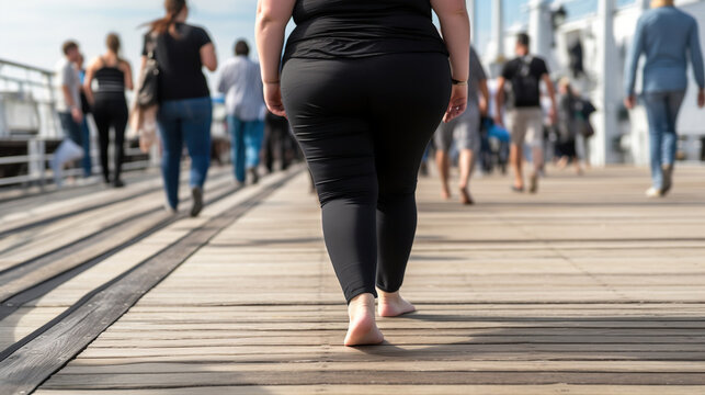Black-Clad Obese Woman Striding Confidently on the Pier. Generative AI
