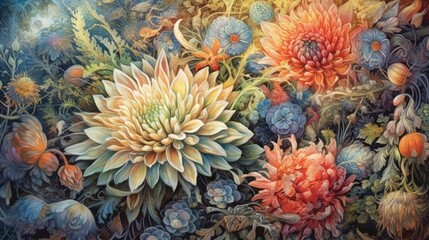 Fototapeta na wymiar Dreamy Dahlias Painted with Watercolor Magic