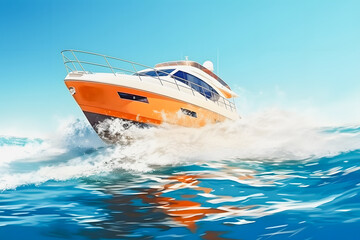 Fototapeta premium Bold and Vibrant: White and Orange Yacht in Extreme Angle Photography