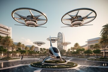 Eco friendly modern and futuristic air taxis flying in modern United Arab Emirates city. Generative AI.