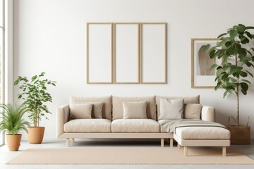 Mockup of three wooden frame on white wall in living room with beige couch, plants. AI Generated.