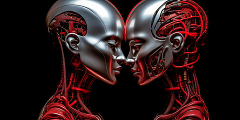 advanced artificial intelligence for the future, red and silver cyborg twins with a sculpture mask, fictional persons created with generative ai - obrazy, fototapety, plakaty