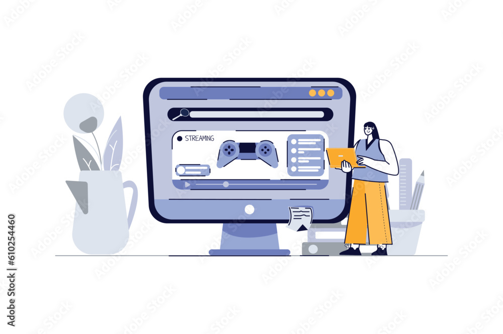 Poster online game streaming concept with people scene in the flat cartoon style. a girl is watching a stre