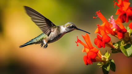Naklejka premium Hummingbird on the flower close up AI generated