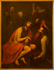 NAPLES, ITALY - APRIL 20, 2023: The painting of The Crowning with Thorns in the church Chiesa di Santa Maria in Portico a Chiaia as the copy by Naples school by Giuseppe de Ribera from (1591 - 1652)