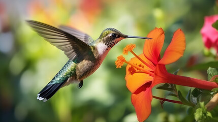 Hummingbird on the flower close up AI generated