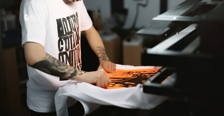 Young man printing on t-shirt at workshop. Generative AI - obrazy, fototapety, plakaty