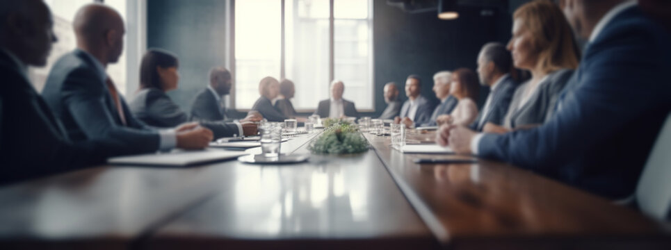 Panoramic view of business meeting in boardroom office interior. Selective focus. Big table with colleagues discussing work project. Horizontal banner with copy space. AI generative image.