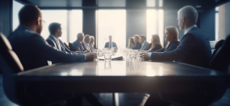 Panoramic View Of Business Meeting In Boardroom Office Interior. Selective Focus. Big Table With Colleagues Discussing Work Project. Horizontal Banner With Copy Space. AI Generative Image.