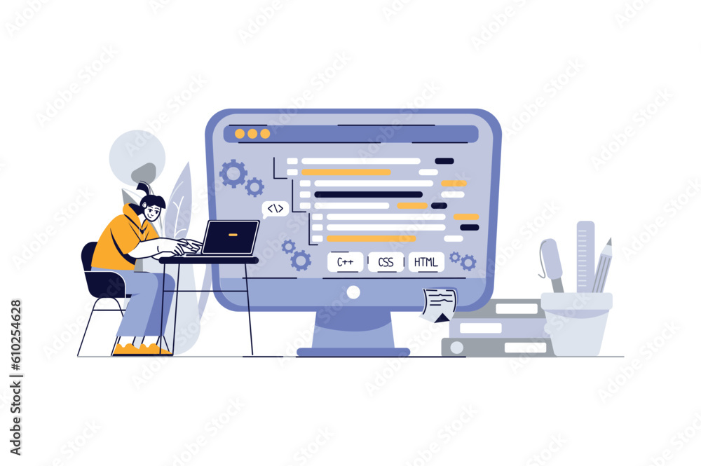 Poster software engineer concept with people scene in the flat cartoon design. a software engineering speci