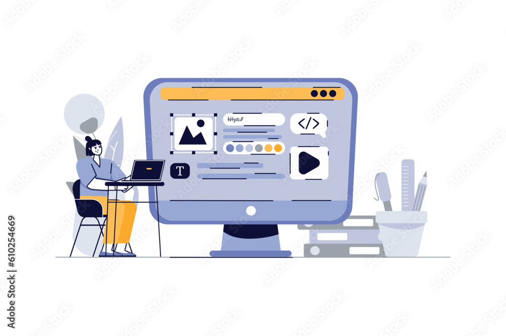Aufkleber concept web design with people scene in the flat cartoon design. a web designer reviews the design o
