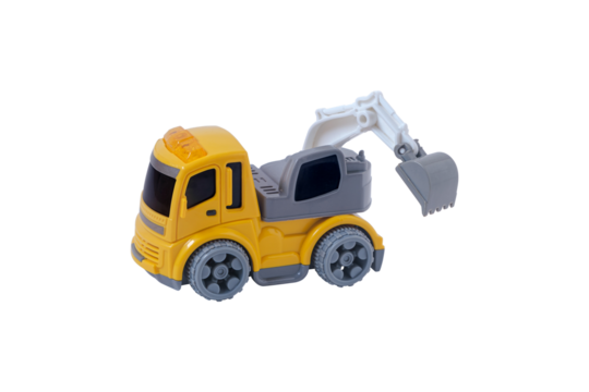 Industrial yellow loader truck toy, plaything for kid learning about construction site work and logistic work