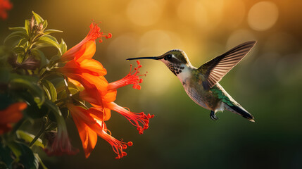 Fototapeta na wymiar Hummingbird on the flower close up AI generated