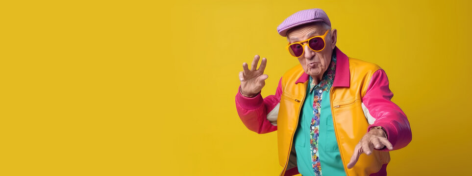 Senior man wearing 80s style colorful outfit is dancing on colored background. Generative AI