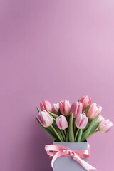 Fototapeta premium A vase filled with pink tulips on a table. Generative AI. Copy space, place for text.