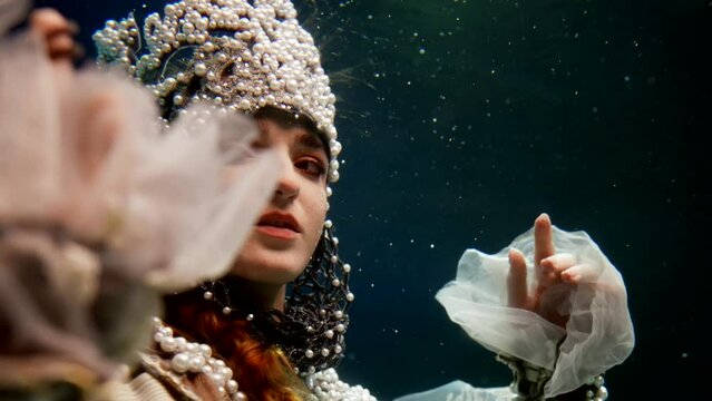 underwater princess or queen swimming in water of magical sea, portrait of beautiful woman in depth