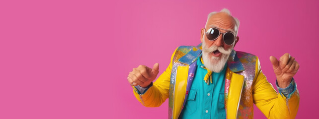 Senior man wearing 80s style colorful outfit is dancing on colored background. Generative AI - obrazy, fototapety, plakaty